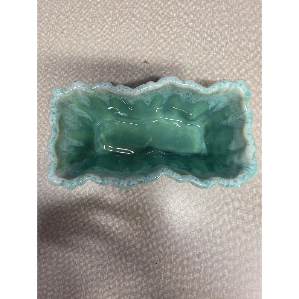 Vintage UPCO USA Ceramic Planter Seafoam Green Drip Glaze Scalloped Trough 825
